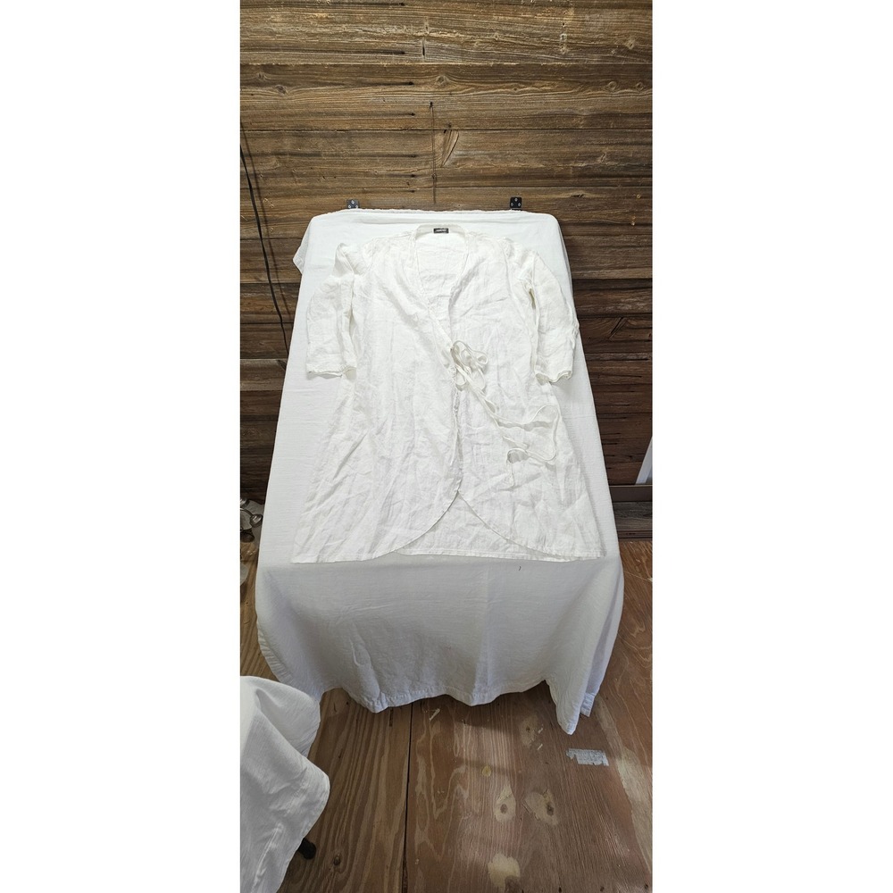 Aquavireo White Linen Wrap Dress Long Sleeve Midi Tie Waist Cover Up Womens